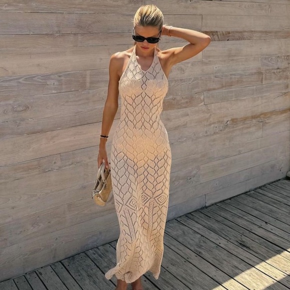 Savannah Morrow Beige Maxi Knit Halter Dress NEW - Picture 4 of 10